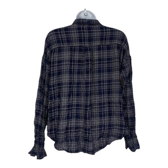 E Hanger M Navy Plaid Button-Up Long Sleeve Blouse With Ruffle Cuffs Size M - Picture 7 of 7